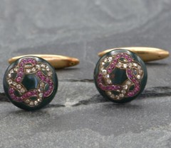 0.60 ctw Rose Cut Diamond & 0.70 ctw Rubies in 14k Yellow Gold Onyx Cufflinks
