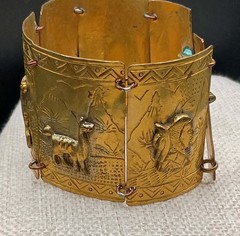 Vintage Peruvian Alpaca Bracelet Story Teller Gold Tone Brass Wide Cuff Repousse