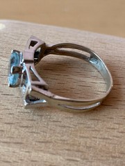 VINTAGE 14K WHITE GOLD AQUAMARINE DIAMOND RING MODERNIST DESIGNER SETTING ITALY