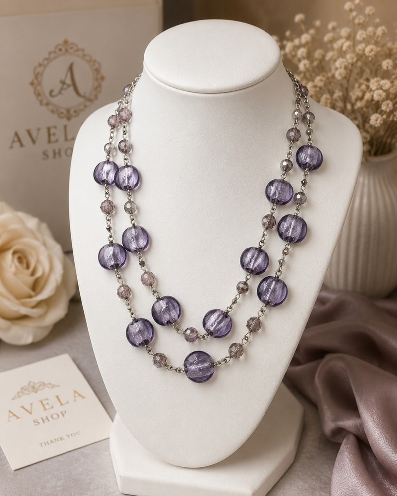 M&S Marks & Spencer Purple Glass Bead Double Strand Statement Necklace