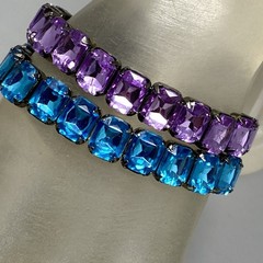 Rhinestone Stretch Bracelet Lot of 6 Blue Purple Clear Acrylic Silver Gold Tone