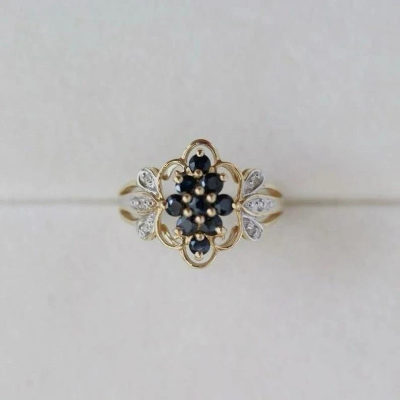 Art Deco Style Sapphire & Lab Created Diamond 14k Yellow Gold FN Engagement Ring