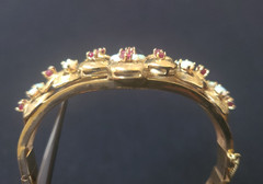 Spectacular Victorian 14K Yellow Gold Bangle Bracelet w/ Rubies and White Opals.