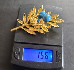VTG Trifari Blue Bird Trembler Brooch Pin Goldtone Faux Pearl Eggs Nest Branch