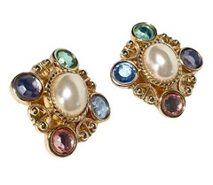Lady Remington VTG Gold Tone Multicolor Crystal Pearl Clip Earrings 1” NOS Gift