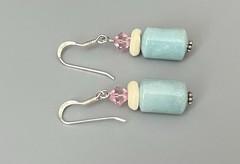 VTG SX 925 Sterling-Carved MOP-Pale Blue-Peach Stone Bracelet Wire Earring Set