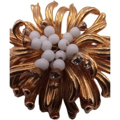 Vintage Gold Tone Floral Brooch White Milk Glass Beaded Rhinestone Pin 2 in D