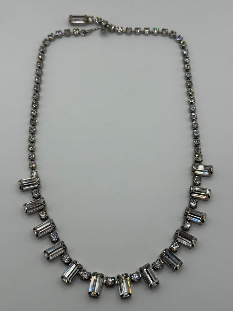 Vintage Weiss Necklace Clear Rhinestone Baguette Choker Silver Tone