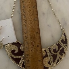 Vtg Mirabella Burgundy Enamel Egyptian Revival Earrings Bib Necklace Panel 16”