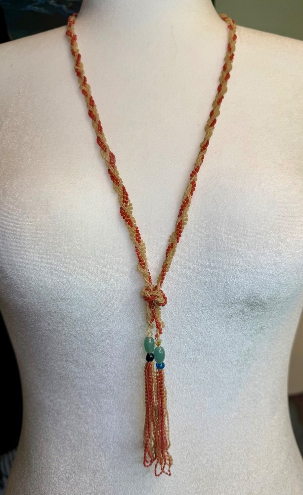 ntique 1920s 1930s Bead Braided Lariat Necklace Art Deco Frosted Pink Cream Czec