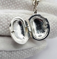Vintage Silver Tone Chunky Chain Bracelet with Oval Enamel Locket & Blue Crystal