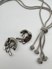 Vintage Mesh Necklace Earring Set Tassel Silver Tone Knot Lariat Clip On