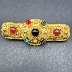 Vintage Gold Tone Multi-Color Cabochon & Faceted Glass Bar Brooch 2.5” Statement