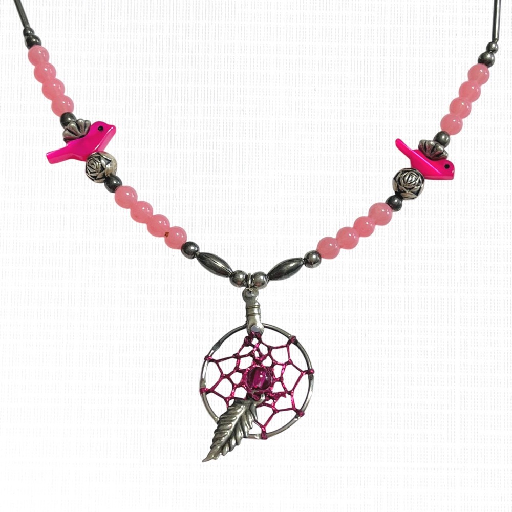 VTG Dreamcatcher Necklace Silver Tone Pink Bird Beaded Choker Southwest Handmade