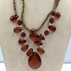 VTG Boho Amber Toned Double Strand Beaded Statement Necklace Retro Earthy Chic
