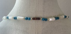 Mother of Pearl Blue Natural Stone and Plastic Gold Tone Beaded Barrel Necklace