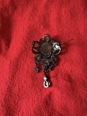 Gothic Revival Victorian Brooch Clear Cabochon Stones Aurea Borealis Dangles