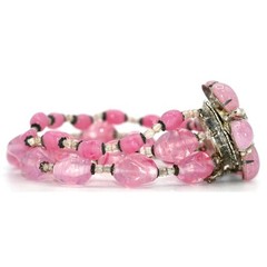 Vintage Signed Miriam Haskell Pink Art Glass 3 Strand Floral Bracelet