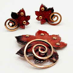 Vintage Matisse Leaf Brooch and Clip On Earrings Copper Enamel Vintage 1950s Set
