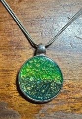 Vintage KC Signed Faux Triplet Green Opal Silver Tone Necklace 11″ Long