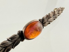 Vintage Sterling Silver Dragons Breath Glass Bar Pin Leaves Motif Brooch 2.25 In