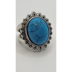 Blue Stone Faux Turquoise Cabochon Statement Ring Dyed Howlite Silver Plated