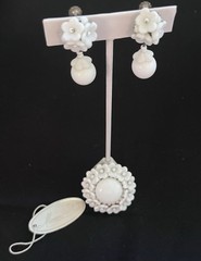 Vintage Miriam Haskell Milk Glass Flower Brooch & Earrings White Floral Dangles