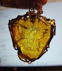 HAND CARVED REVERSE INTAGLIO BALTIC AMBER PENDANT FAIRY NYMPH LADY IN 925 SILVER