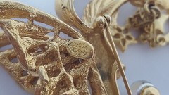 KIRK’S FOLLY Fairy Godmother Brooch Crystal Orb Large Gold Tone Wings Vtg 3-1/2″