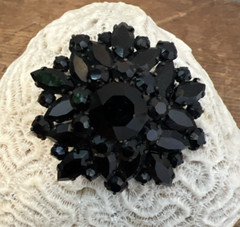 Vintage Jet Black Rhinestone Domed Flower Brooch