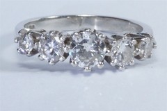 VINTAGE ENGLISH SOLID PLATINUM DIAMOND 5 STONE RING c1980’s – 1.35ct.