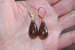 14K Gem Quality Micro Faceted Smokey Topaz Large Tear Drop Elongated Earrings