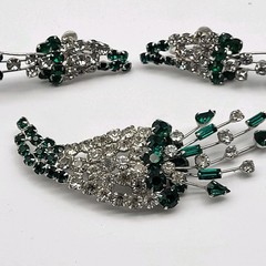 Stunning vintage green clear rhinestone brooch earrings set cornucopia burst