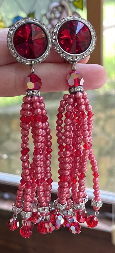 Vintage Super Long Dangle Drop Red Crystal Rivoli Pink Pearl Clip On Earrings