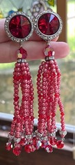 Vintage Super Long Dangle Drop Red Crystal Rivoli Pink Pearl Clip On Earrings