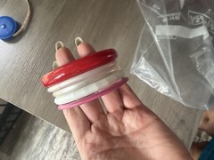 vintage colorful plastic lucite bangle bracelets. Pink , red and white