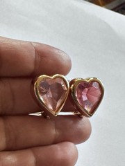 Vintage Gold Tone Pink Heart Crystal Clip On Earrings Romantic Statement