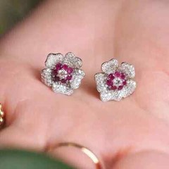 Art Deco Style Ruby & Lab Created Diamond Flower 14k White Gold Finish Earrings
