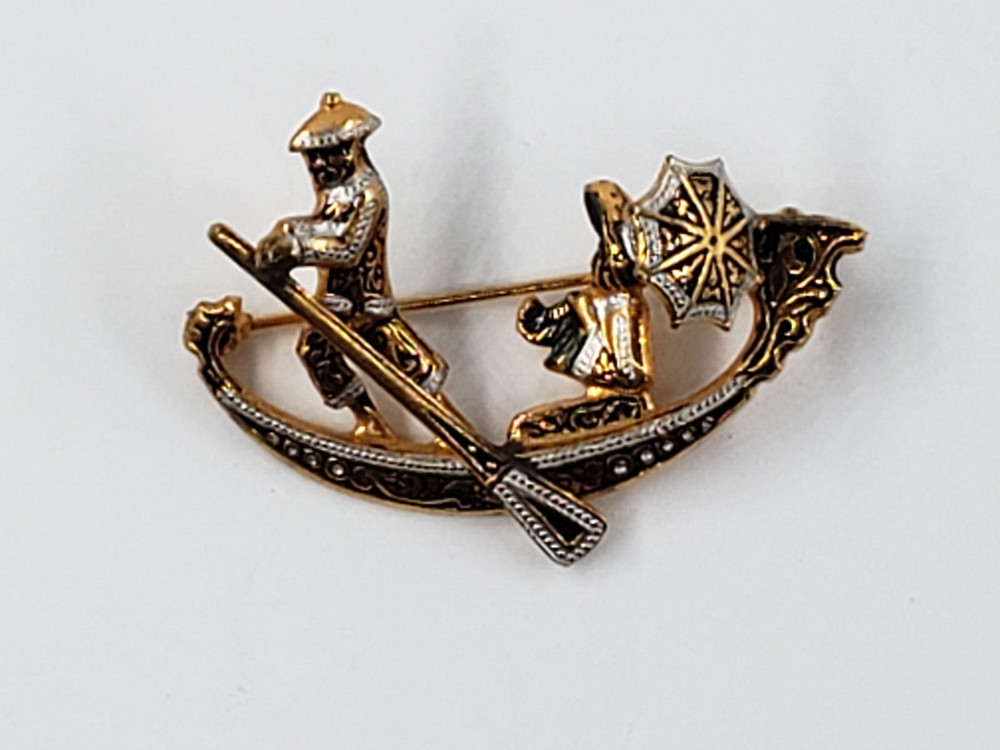 Vintage Damascene Gondolier Oarsman & Woman, Spain, 2″ X 1.25″
