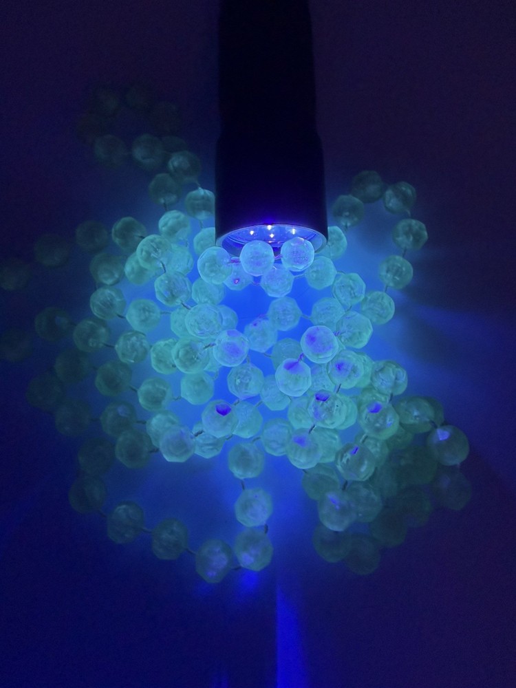 Vtg Uranium Glass Necklace Vaseline Glows UV Blacklight Knotted 52″ Rope Flapper