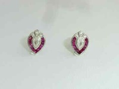 Art Deco Vintage Style Lab-Created Diamond & Ruby Stud Earrings Solid 925 Silver
