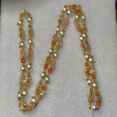 VTG Thermoset Plastic Lucite Necklace 36 In Tropical Flowers Leaves Orange White