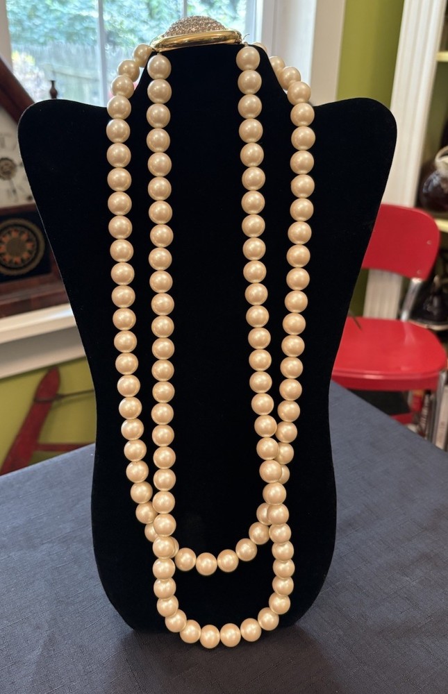 Vintage GIVENCHY Runway 12mm Faux Pearl Double Strand Necklace W Crystal Clasp
