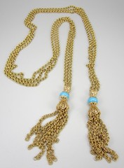 ELEGANT VINTAGE 48″ LONG GOLDTONE TURQUOISE GLASS LARIAT WRAP STYLE NECKLACE