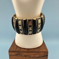 Vintage Bracelet Asian Panel Bar Expandable Stretch Link Gold Tone Black Enamel