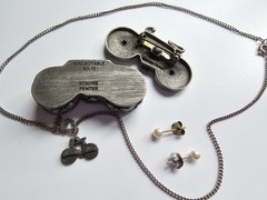 Vintage Ms. Dee Pewter Bicycle Trinket Box W/ Necklace 15” Earrings & Brooch