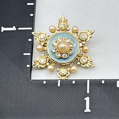 Vintage Blue Enamel Brooch Faux Pearl Rhinestone 1.25″