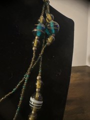 Vintage 56″ Teal & Amber Art Glass Lampwork Bead Long Strand Flapper Necklace