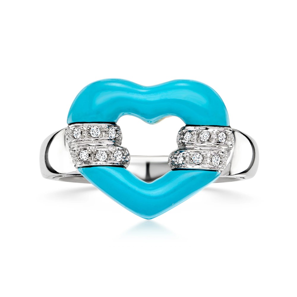 Vint Blue Resin Heart Rng w Diamonds in 14k White Gold Size 7