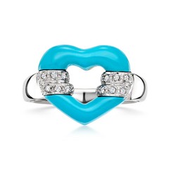 Vint Blue Resin Heart Rng w Diamonds in 14k White Gold Size 7